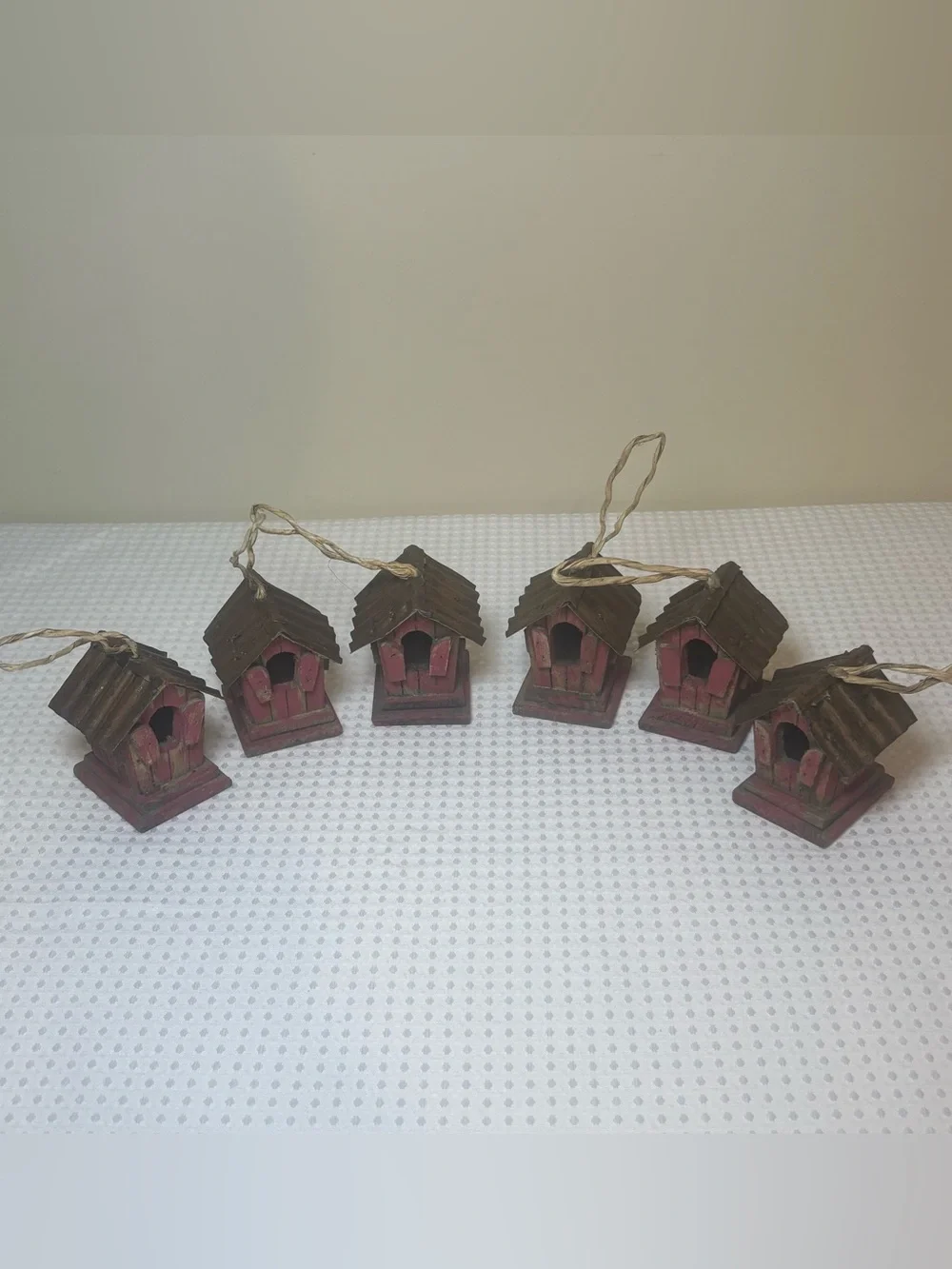 Rustic Primitive Red Wooden Birdhouse Ornaments Metal Roof Set of 6